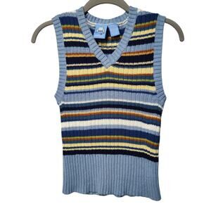 Vintage Y2K 90s Girl Planet Sz M Blue Stripe Sweater Vest V Neck Ribbed Fitted